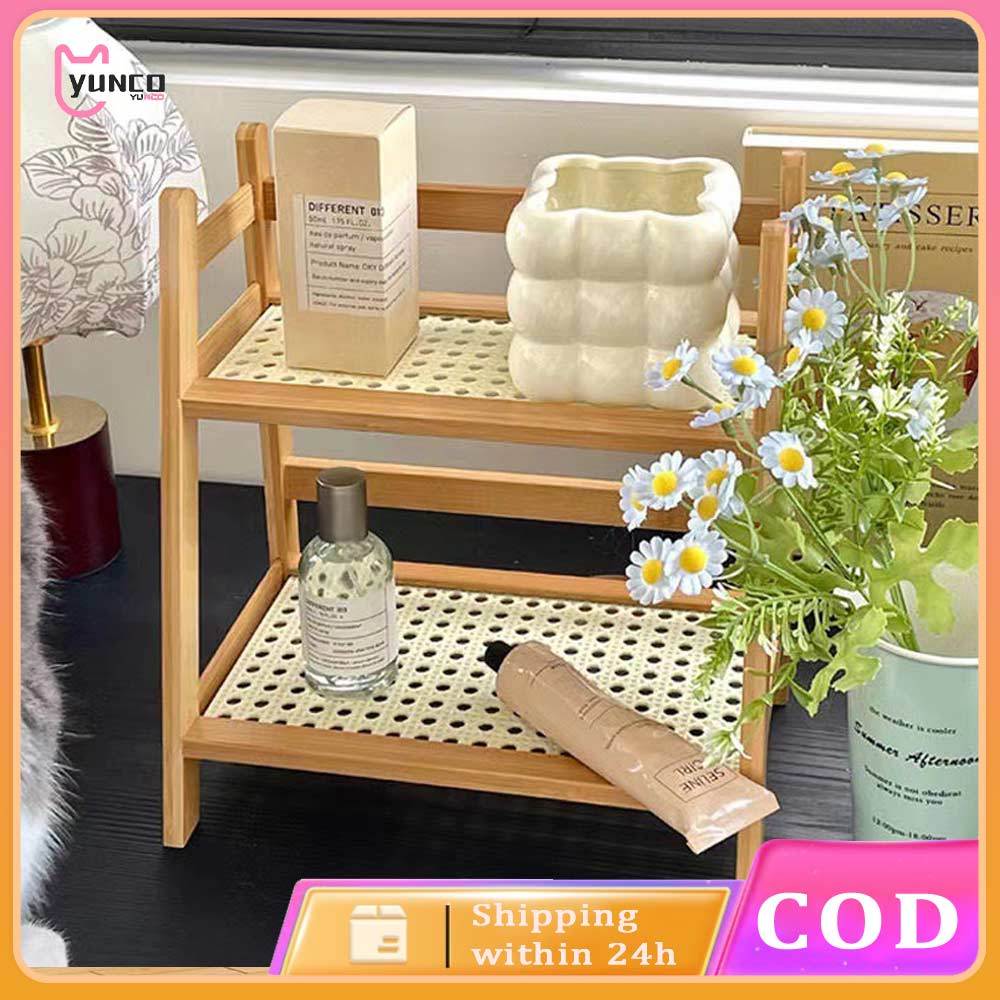 [On Hand]New Rattan Desktop Double-Layer Storage Rack Bedroom Storage ...