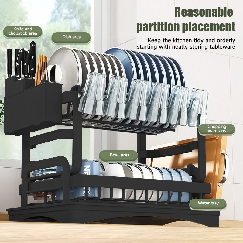 2 Layers Dish Rack Plate Organizer Dish Drainer Rack Set Metal Kitchen ...