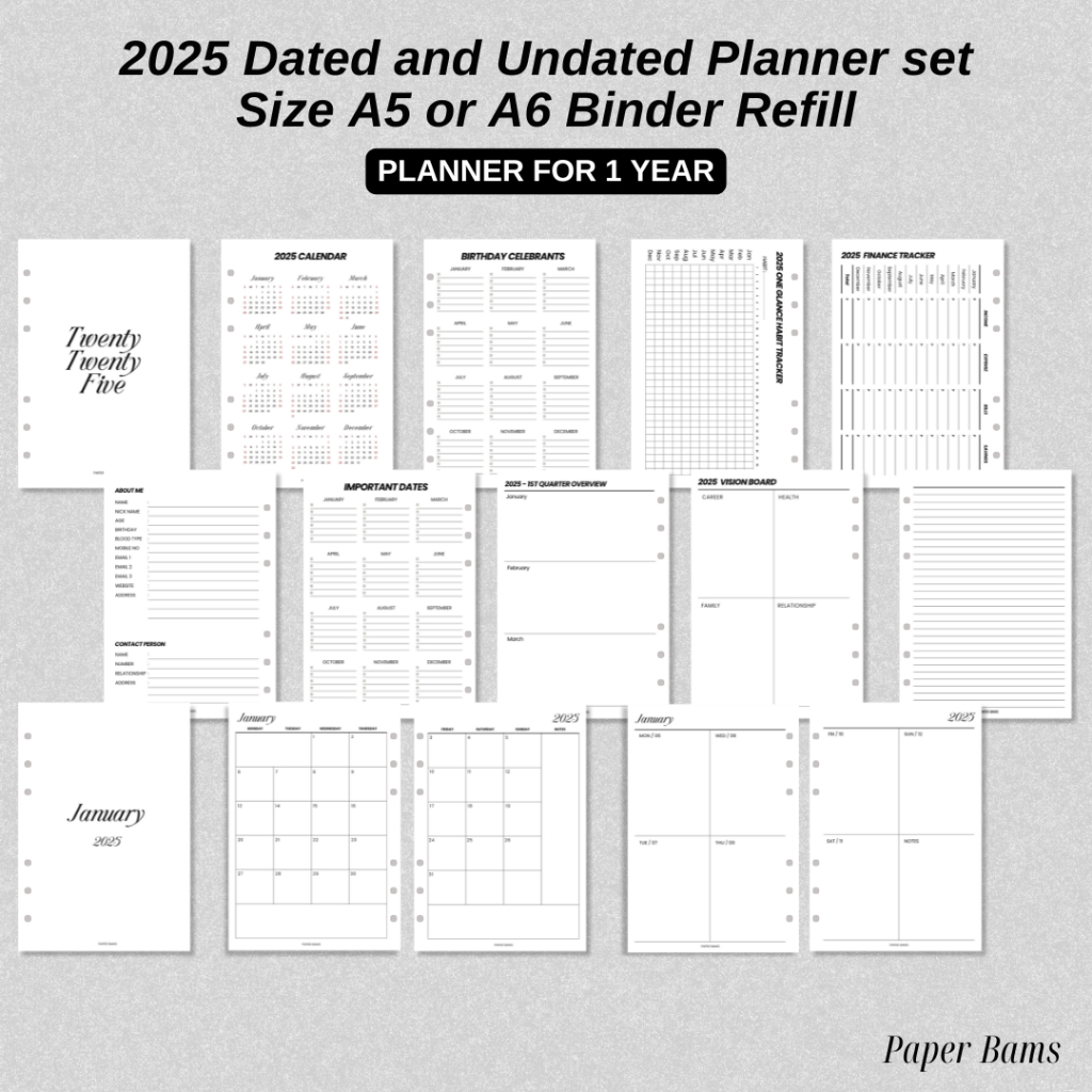 2025 Dated Planner and Undated Planner Size A5 or A6 binder refill