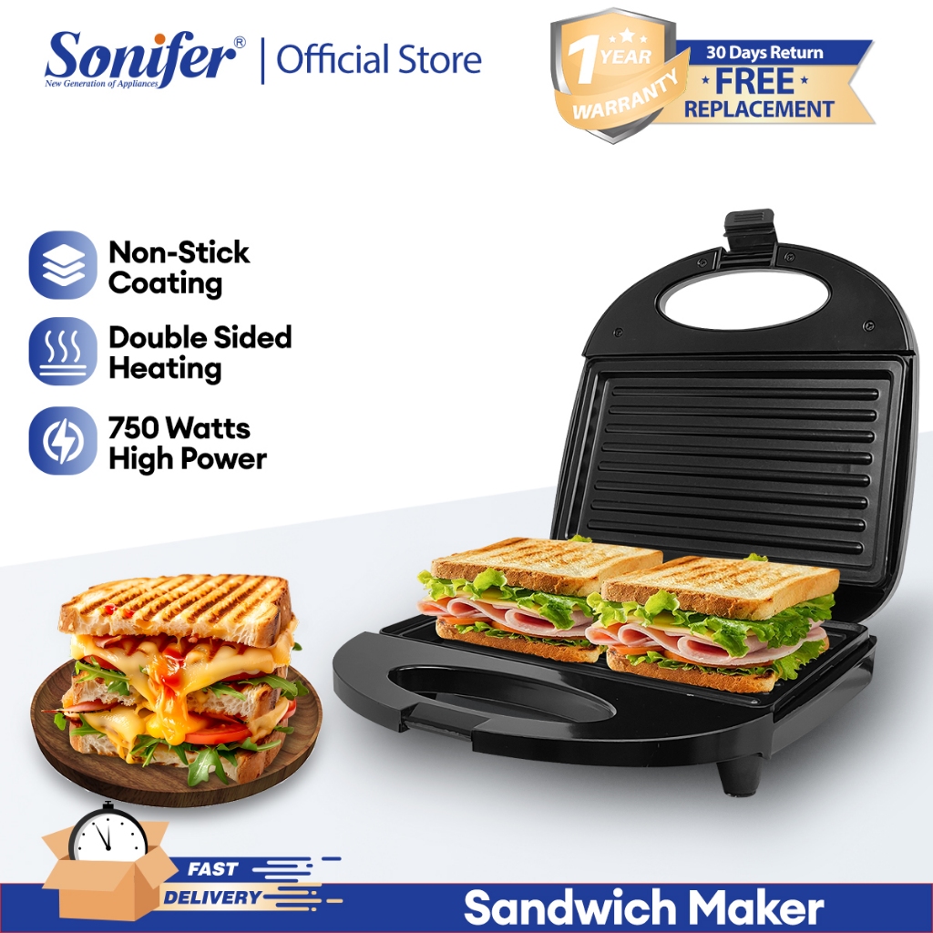 Sonifer gourmet Sandwich Maker bread toaster breakfast machine w/ Non-Stick  Coated Plates Opens 90°