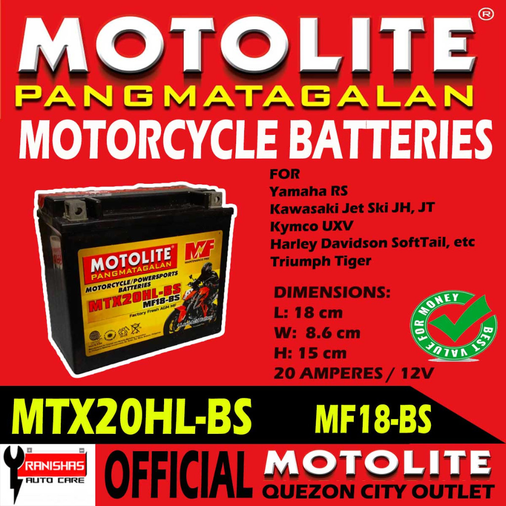 Motolite MTX20HL-BS (MF18-BS) PowerSports AGM Battery For Big Bike ...
