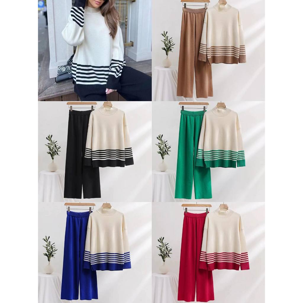 Miss M Turtle Neck Side Slit Stripe Long Sleeve Top & Wide Leg Pants ...