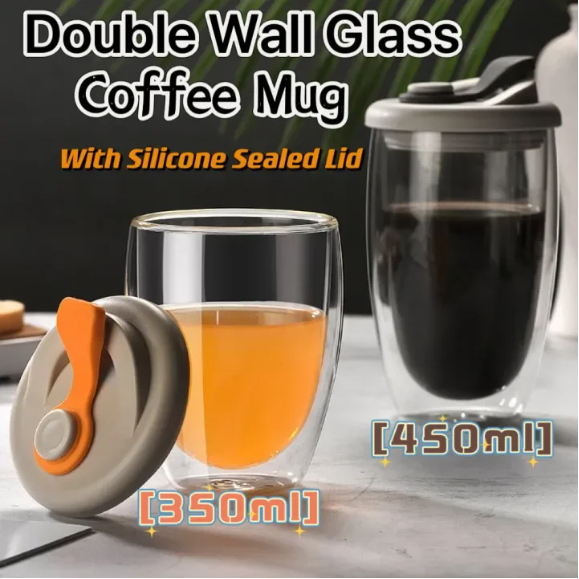 Double Wall Glass Coffee Mug Cup with Silicone Lid Insulated Glass Cup  Resistant Coffee Mug