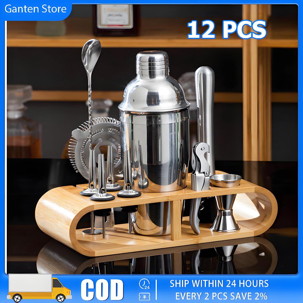 12pcs Cocktail Shaker With Wood Set Bamboo Rack Stainless Steel Mixer ...