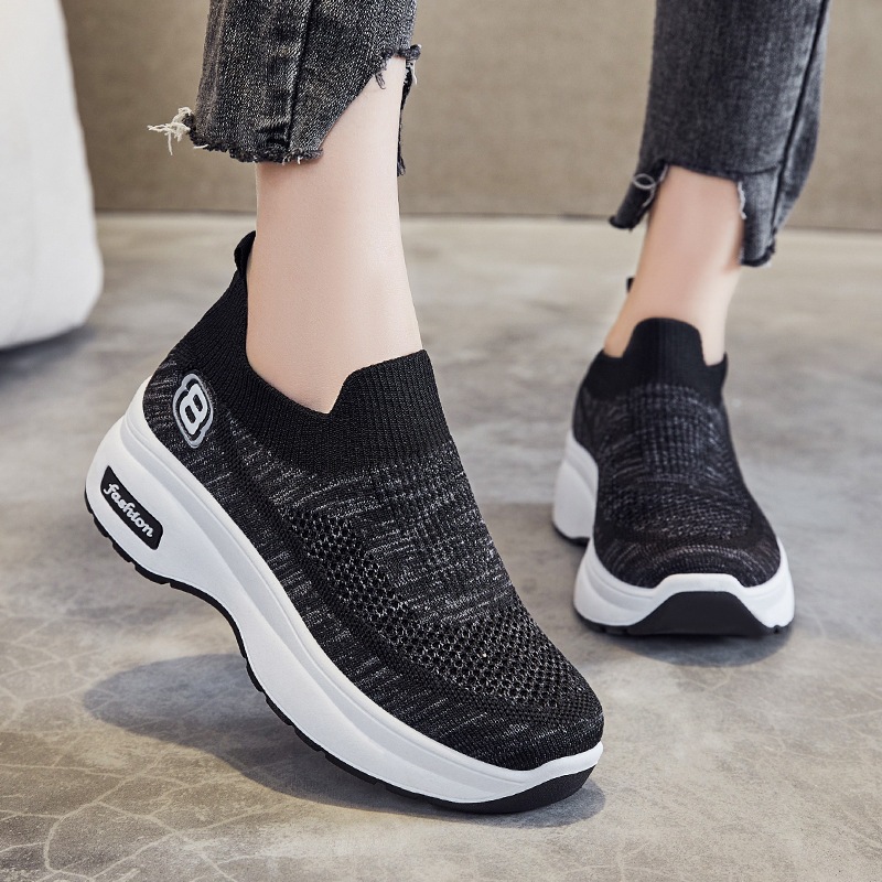 Korean Black Rubber Shoes For Women Slip On Casual Sneakers Fly Woven  Breathable Walking Shoes
