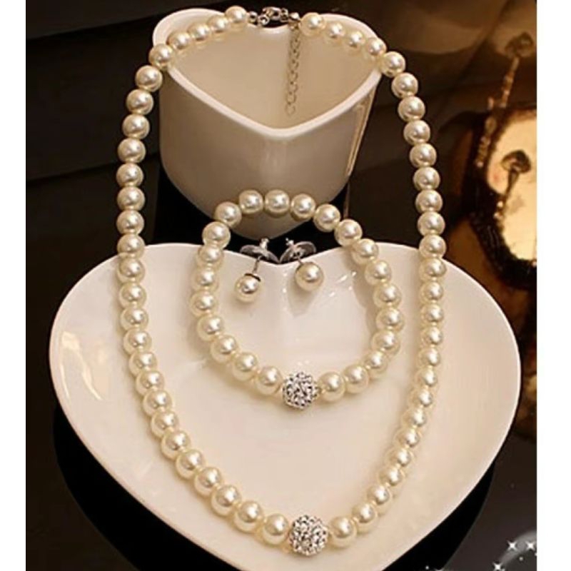 3in1 Pearl Jewelry Set Faux Pearl Set Fashion Necklace Earrings ...
