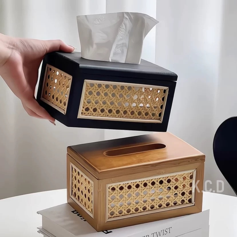 Premium Wood & Natural Rattan Webbing Decorative Box for Bathroom ...