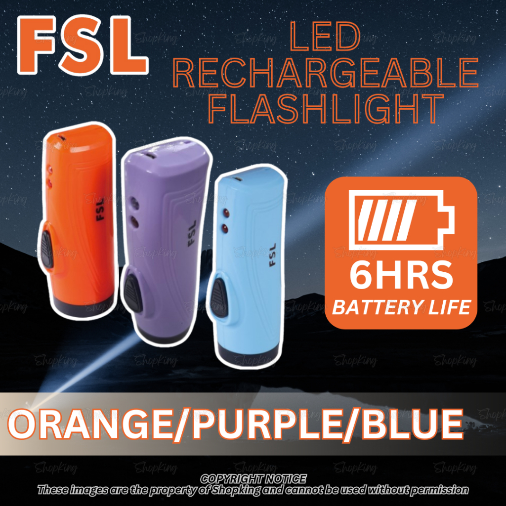 FSL LED FLASHLIGHT RECHARGEABLE W/ USB CABLE Blue / Orange / Purple ...