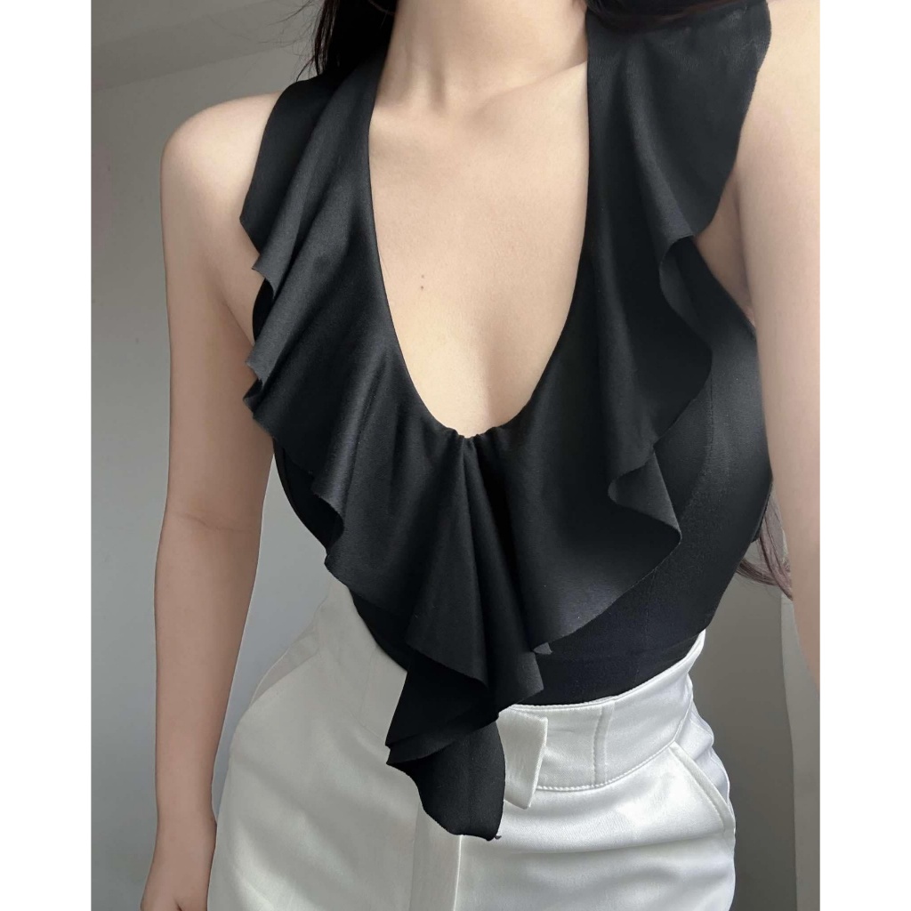 Aiah V-Neck Classy Ruffle Halter Cotton Basic Body Hugging Top For ...