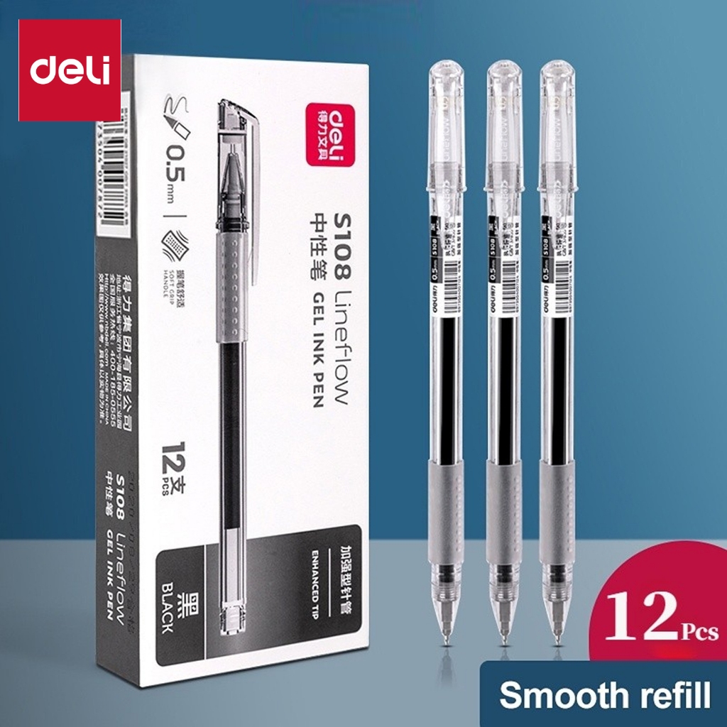 Deli 12Pcs Black Gel Pen 0.5mm Fine Tip Smooth Writing Quick Dry No ...