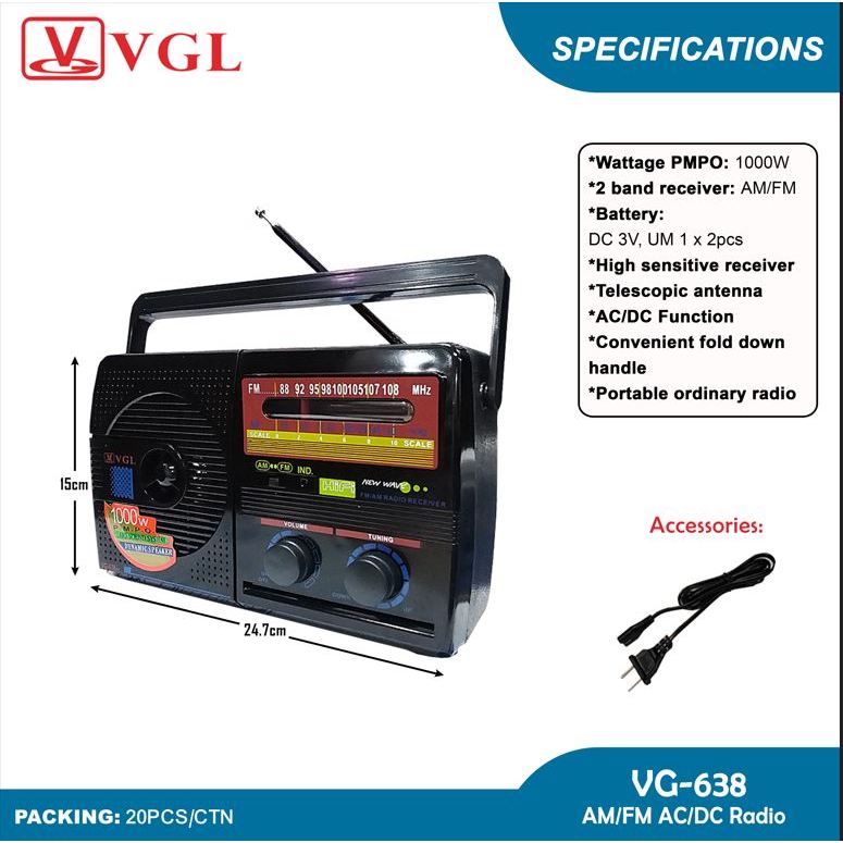 VGL AC/DC PORTABLE RADIO/ Battery Operated or Electricity Operated ( VG ...