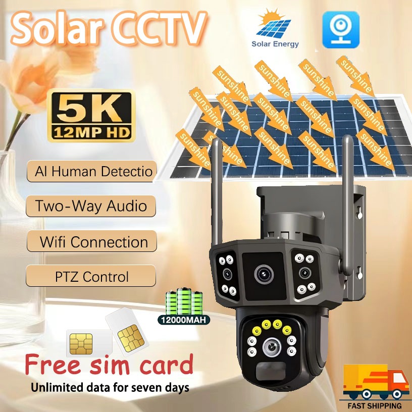 V380 Pro 4G SIM Outdoor Waterproof Solar Three Lens CCTV Camera No Wifi ...
