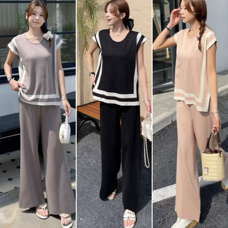 #9862 Korean Knitted Slide Slit Loose Style Top and Wideleg Pants ...