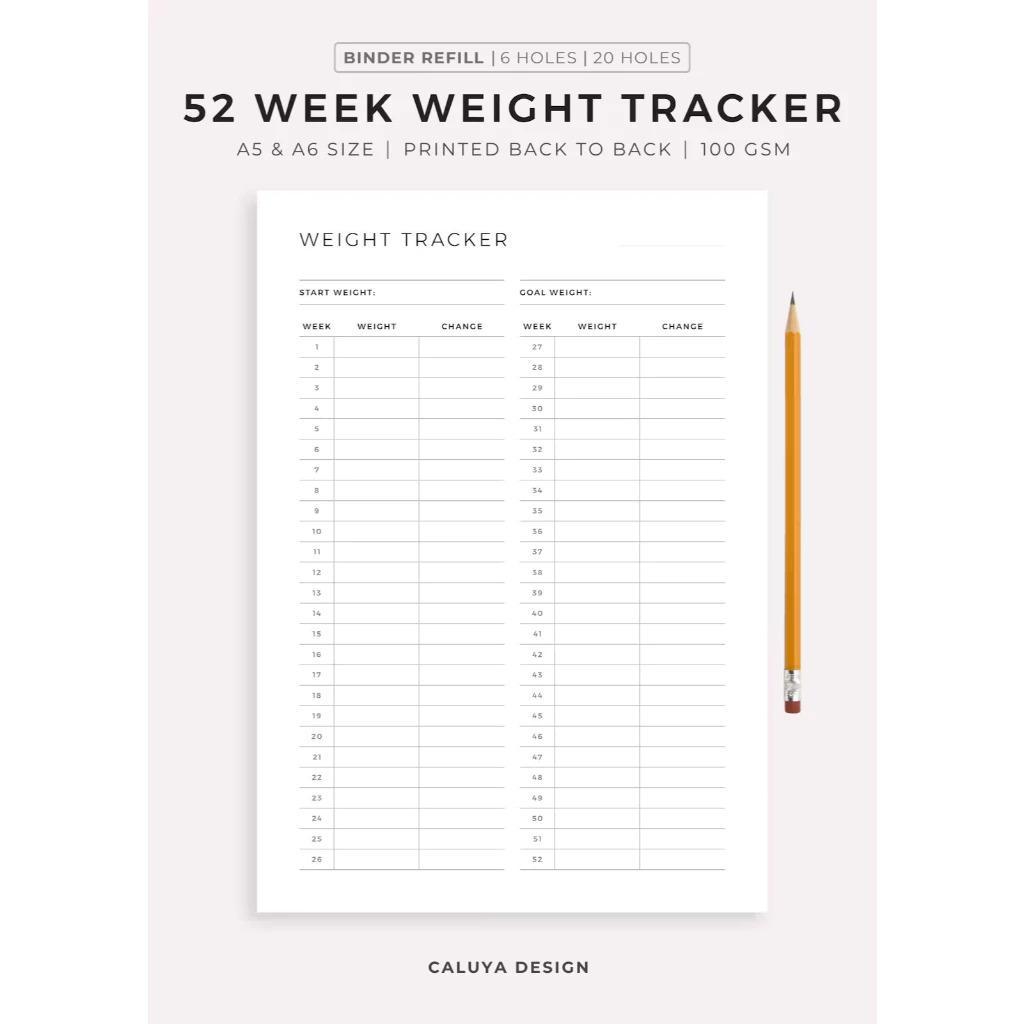 A5 A6 52 Week Weight Tracker Planner | A5 Binder Notebook Refill Pages ...