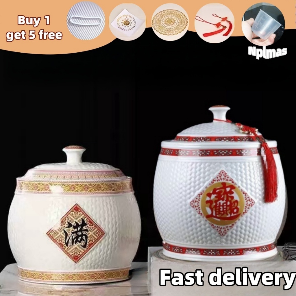 Ceramic rice storage container 5KG/10kilos 15kg porcelain clay jar ...