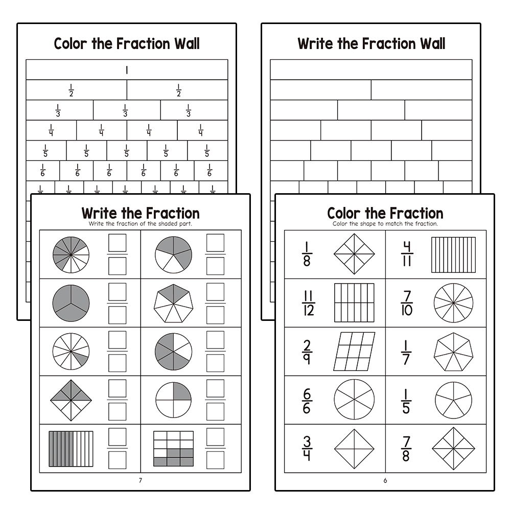32Pages/Set Maths Fraction Practice Book Coloring Basic Fractions ...