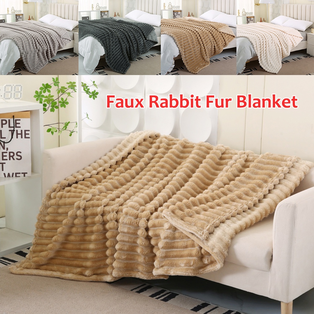 Legit Faux Rabbit Fur Blanket with Stripes Soft and Fluffy Blanket ...