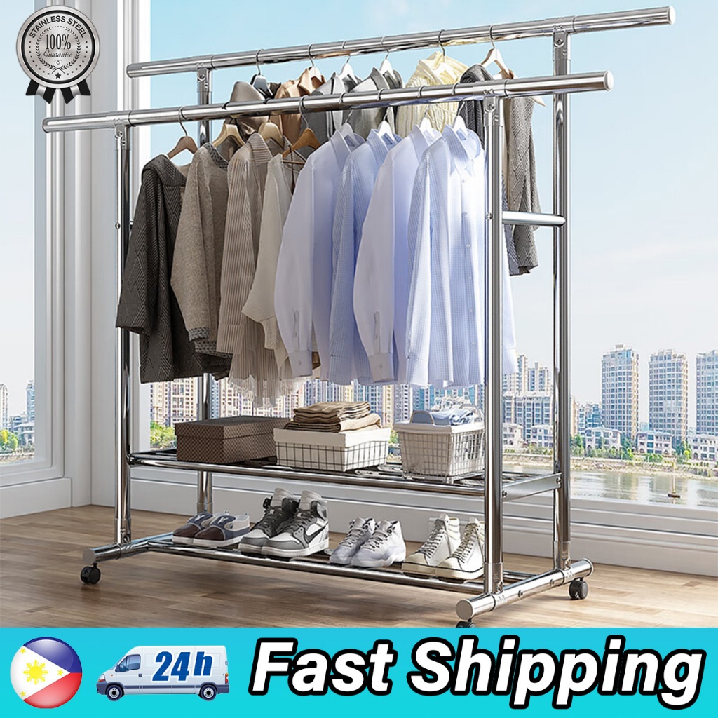 Mobile Stainless Steel Laundry Rack Extendable 2m Heavy Duty Dual Pole ...