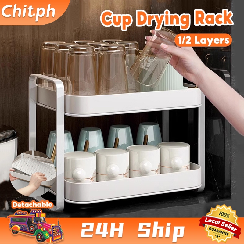 CHIT 1/2 Layers Cup Drying Rack Removable Glass Rack With Drain Tray ...