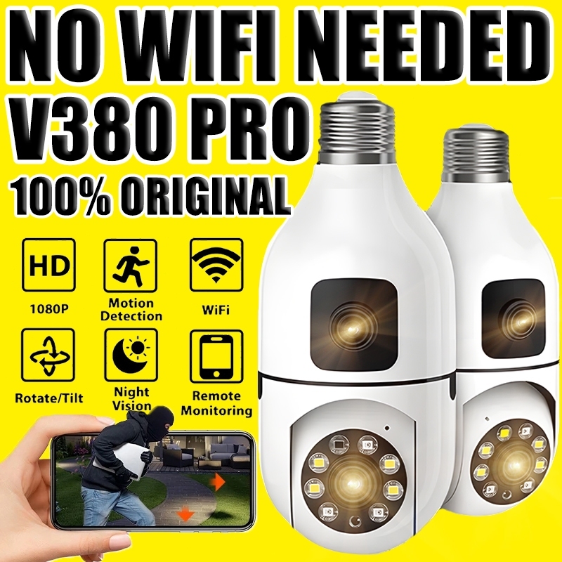 V380 Pro CCTV Bulb Camera Dual Lens Connect To Cellphone 360° 4K HD ...