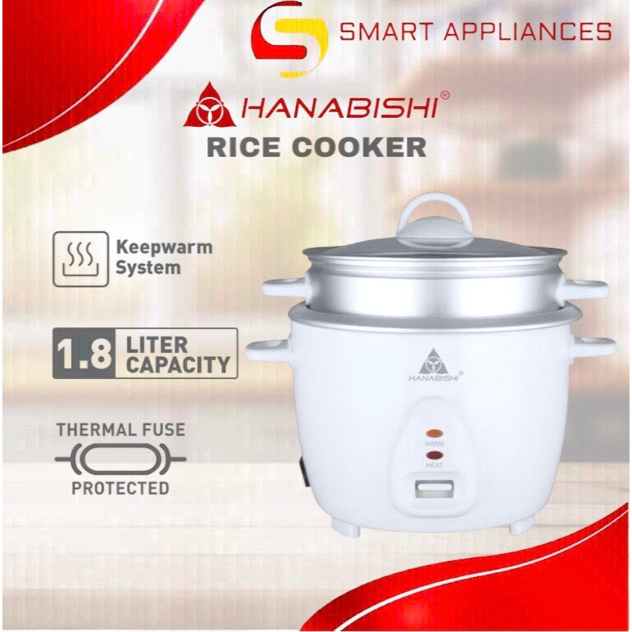 Hanabishi Rice Cooker 1.8 Liters serves 10 cups Glass Cover with ...
