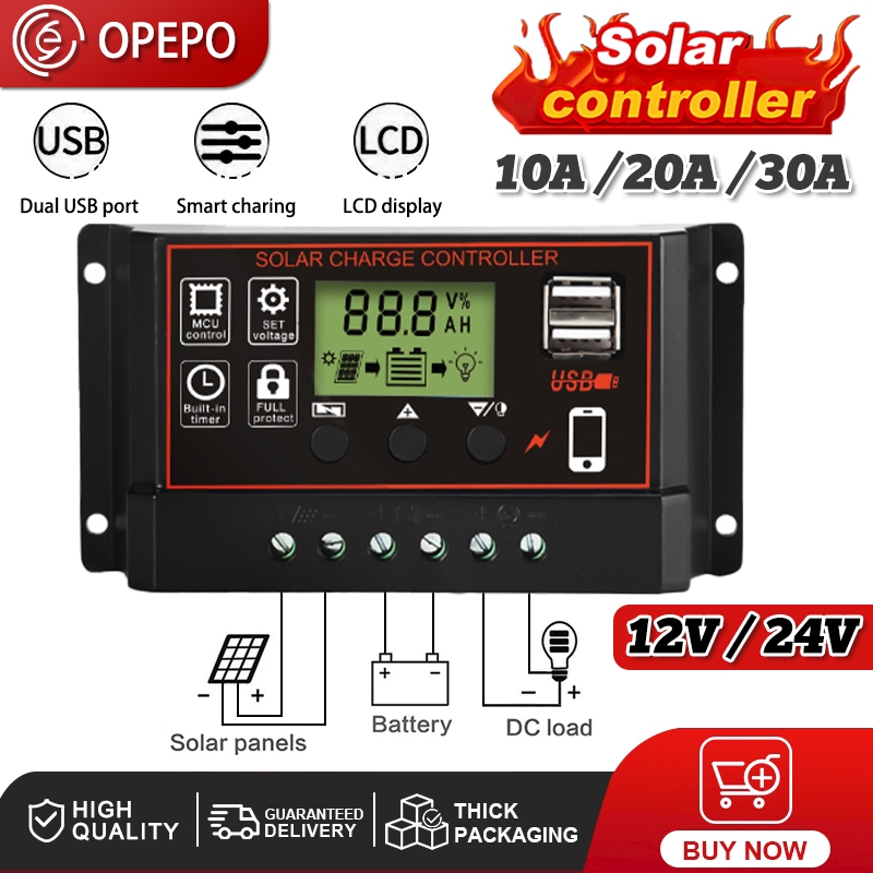 10/20/30A PWM Solar Charge Controller 12V/24V Battery Regulator Solar ...
