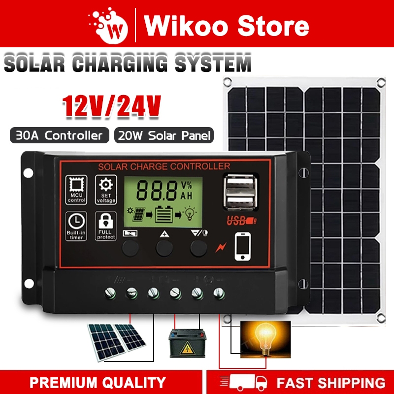 Solar Charge Controller 10A/20A/30A PWM 24V/12V LCD Display Solar ...