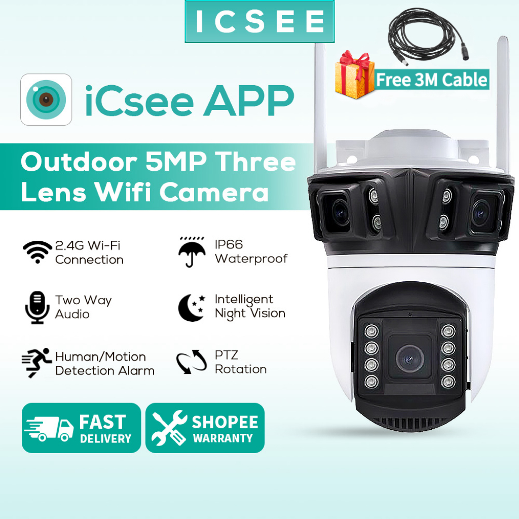 ICSEE XM R12 Three Lens 5MP CCTV Camera PTZ Outdoor Wireless WFl Camera ...