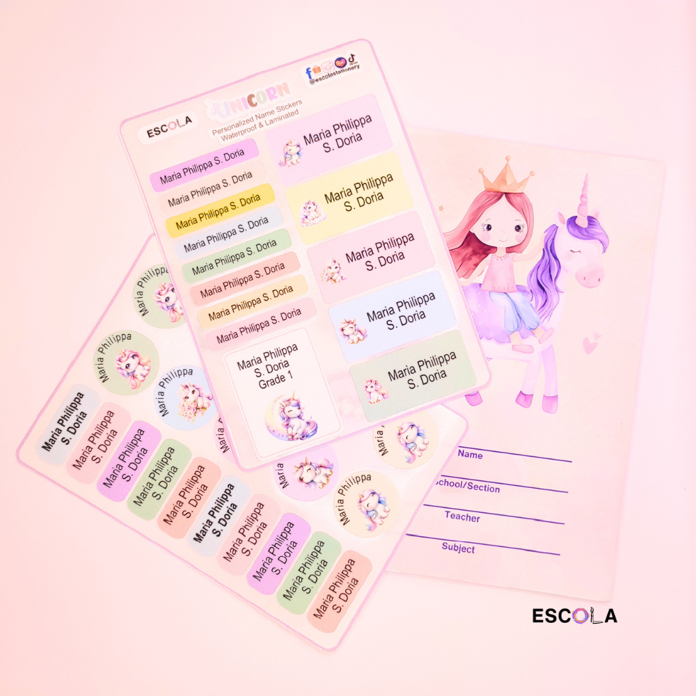 PERSONALIZED, CUSTOMIZED Name & Class Subject Stickers (Unicorn Colors ...