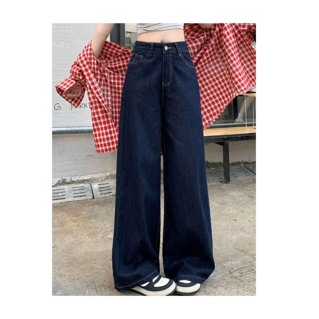 high waist wide leg long jeans baggy pants denim bermuda for women dark blue