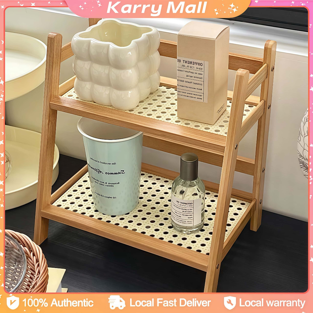 Rattan Table Storage Rack Wooden Double-Layer Table Potted plants Shelf ...