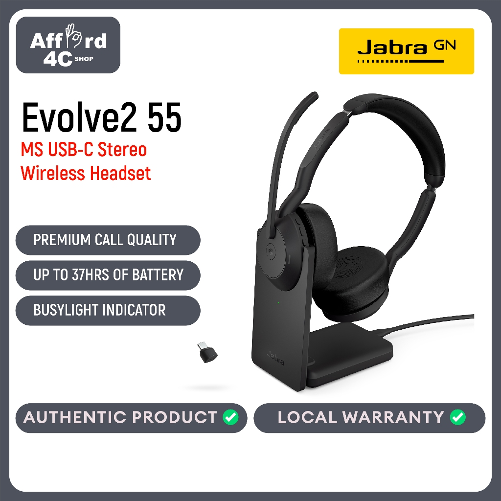 Jabra Evolve2 55 Stereo Wireless Headset Link 380 USB-C with Charging Stand  AirComfort Technology