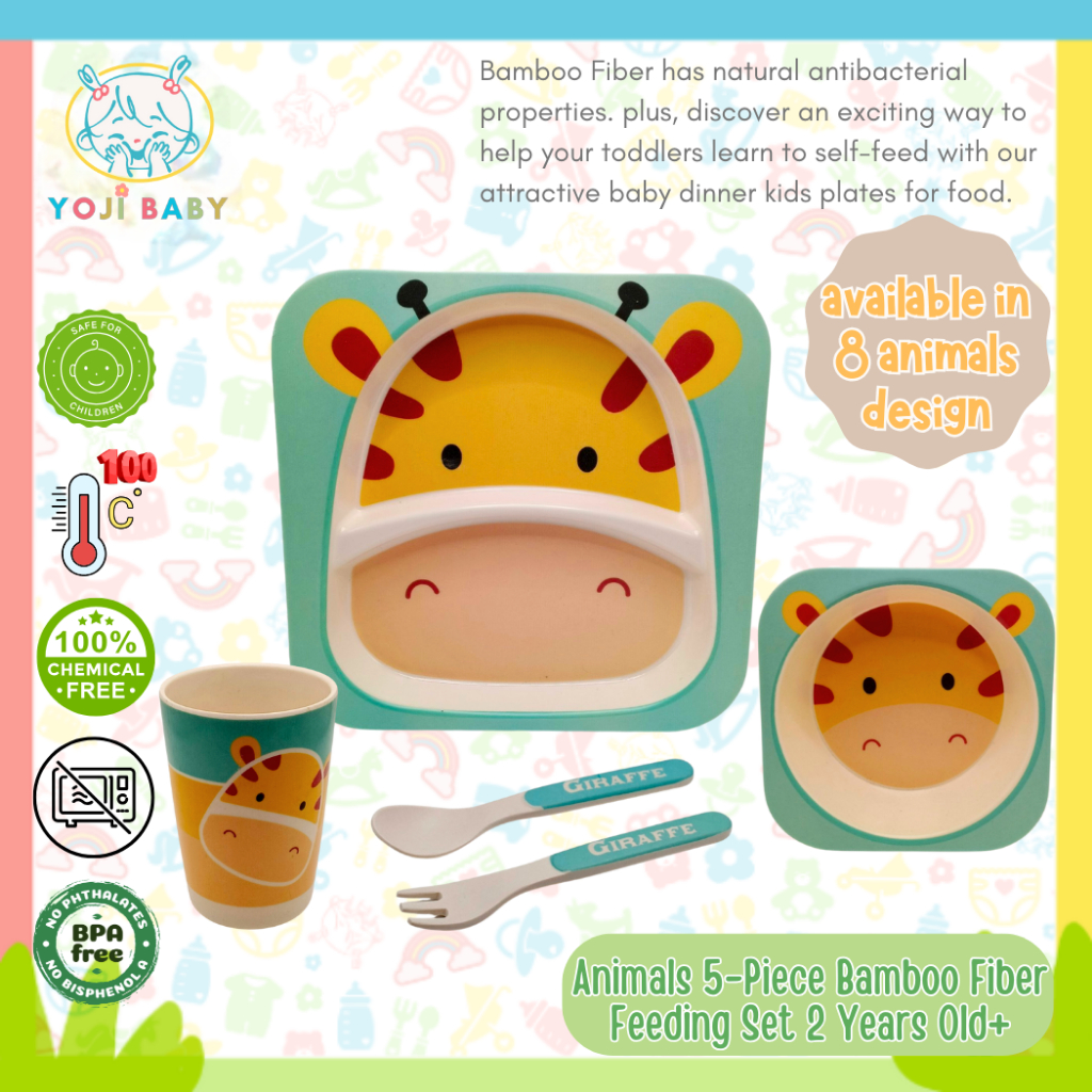 Yoji Baby Animals 5-Piece Bamboo Fiber Feeding Set Portion Cup Spoon Fork  Bowl Plate Set