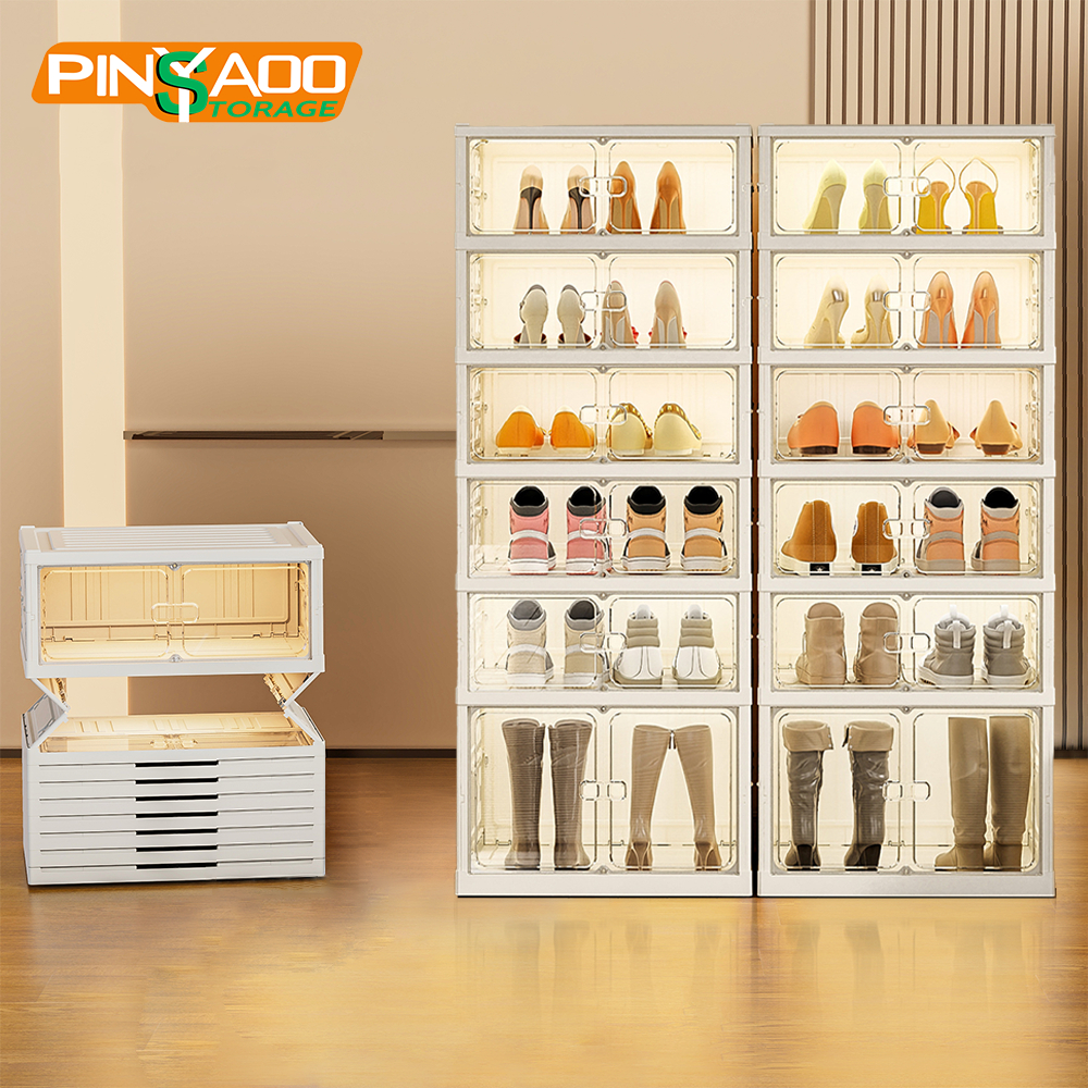 PINYAOO Foldable No-Assembly Shoe Rack, Clear Plastic Storage Organizer ...