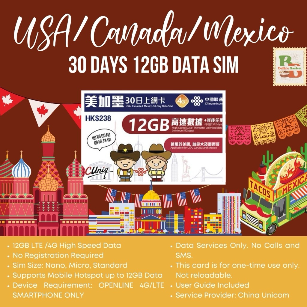 USA / CANADA / MEXICO 30DAYS 12GB Travel Data Simcard | Shopee Philippines