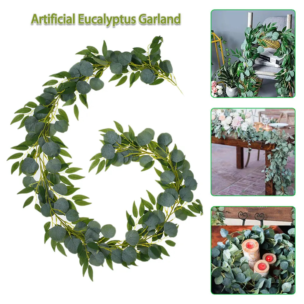 2M Green Eucalyptus Leaves Garland Wisteria Artificial Flowers Rattan