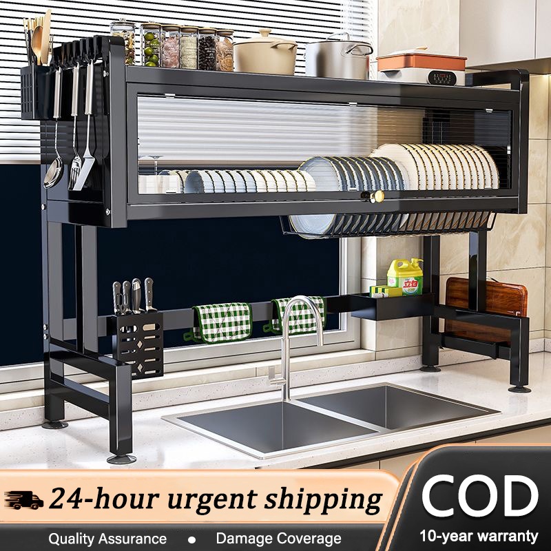Metallic Dish Cabinet Rack Dustproof Drain Rack With Cabinet Door  Multi-functional Sink Rack