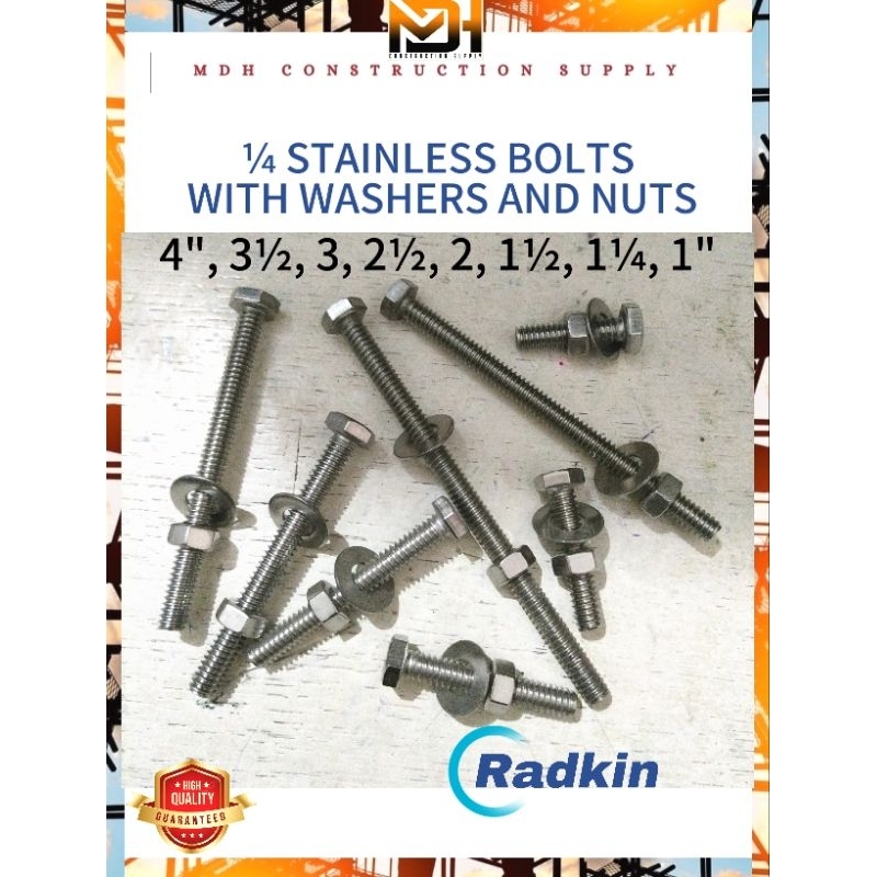 Radkin 1/4 STAINLESS HEXAGONAL CAPSCREW BOLTS WITH NUTS AND WASHERS 4