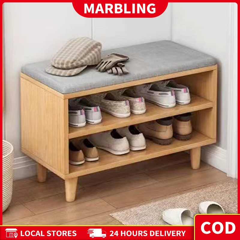 ⚡COD⚡Solid Wood Shoe Rack For Home Can Sit With Cushions Change Shoes ...