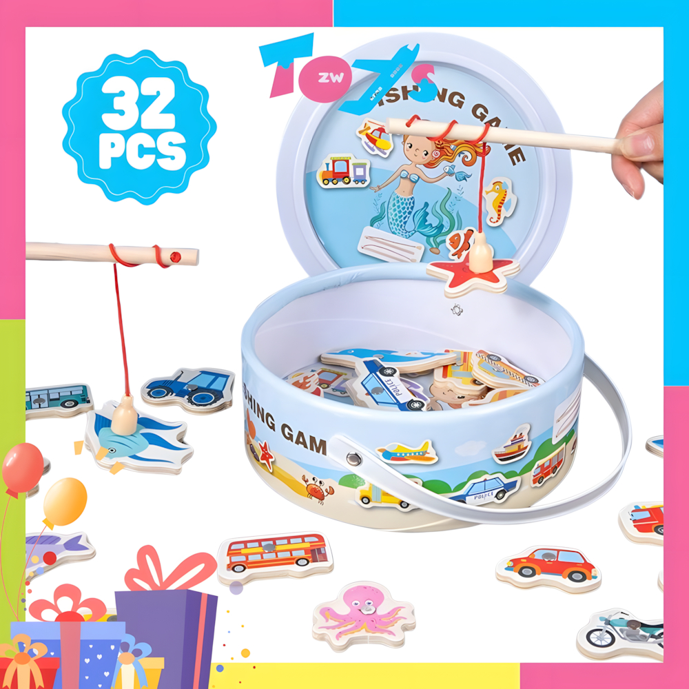 Gift Set Magnetic Wooden Fishing Game Toy Fishing Puzzle Educational ...