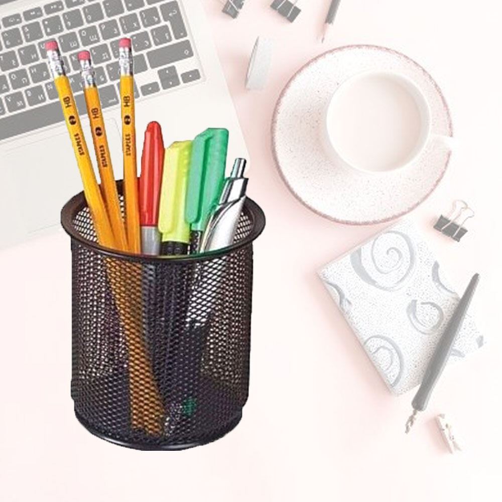 Office Round Desk Pen Pot Ruler Scissor Pencil Holder Cup Mesh ...