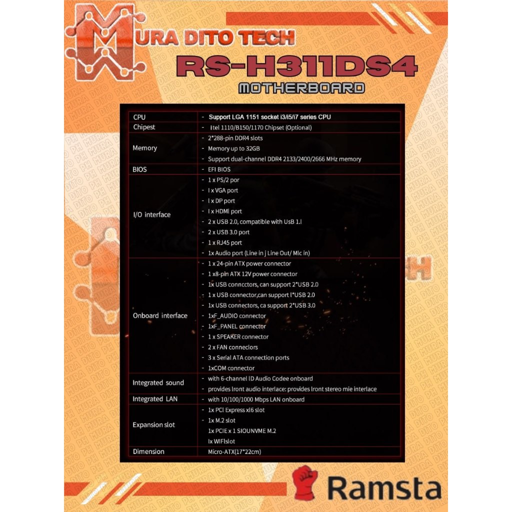 Ramsta RS-H310 D4 Intel LGA 1151 DDR4 M-ATX Motherboard for - 8-9th gen ...
