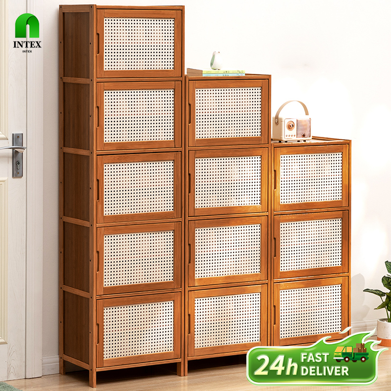 INTEX Bamboo Bookcase Rattan Door Storage Organizer Kitchen Cabinet ...