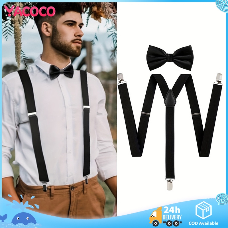 Adjustable Y Back Brace Men Suspenders Bowtie Set with Clips Duty Pants  Suspender Tuxedo Suspenders