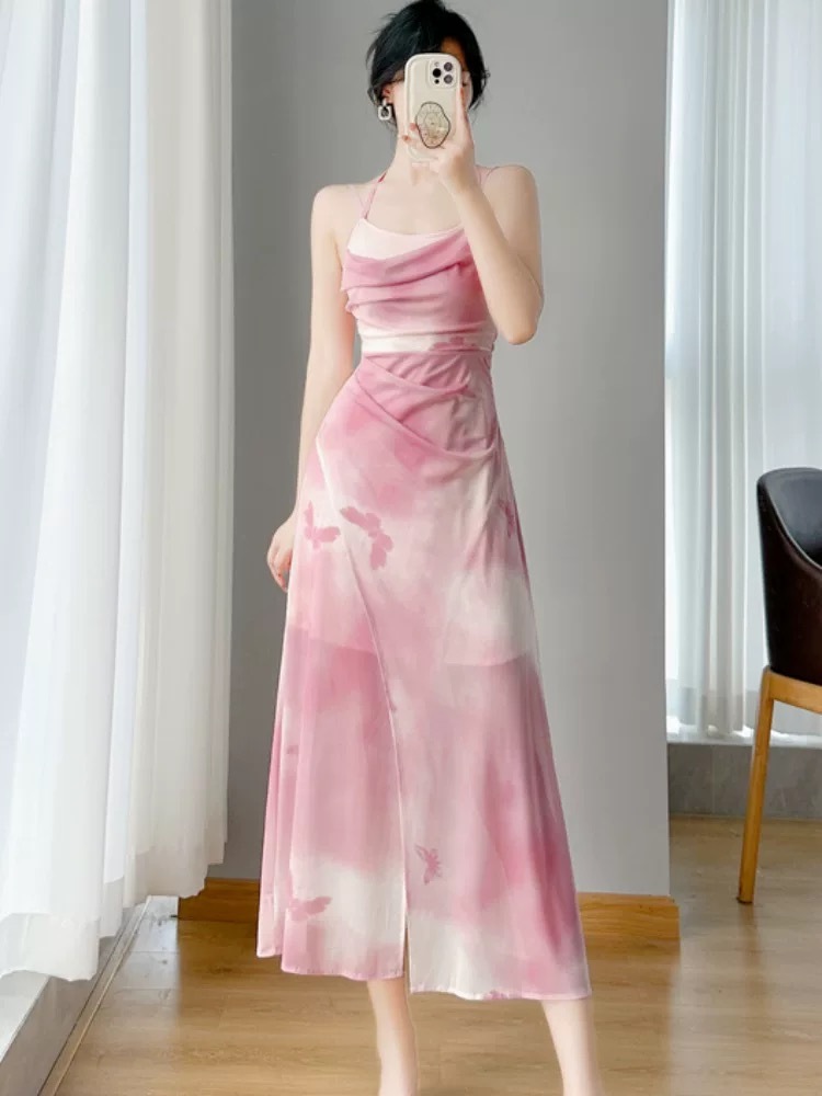 korean style summer sexy french chiffon halter long fairy pink party dress  for women elegant formal
