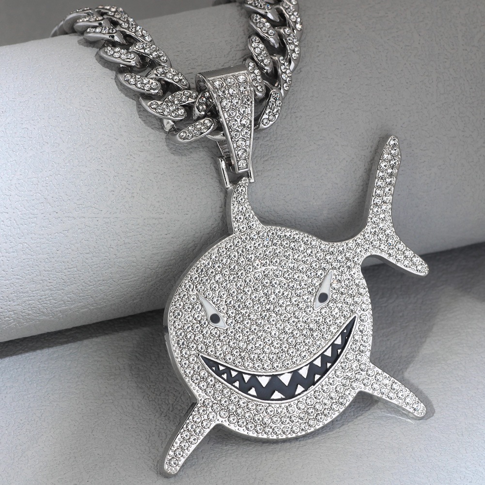 Hip Hop Iced Out Diamond Shark Pendant Bling Cuban Chain Necklace ...