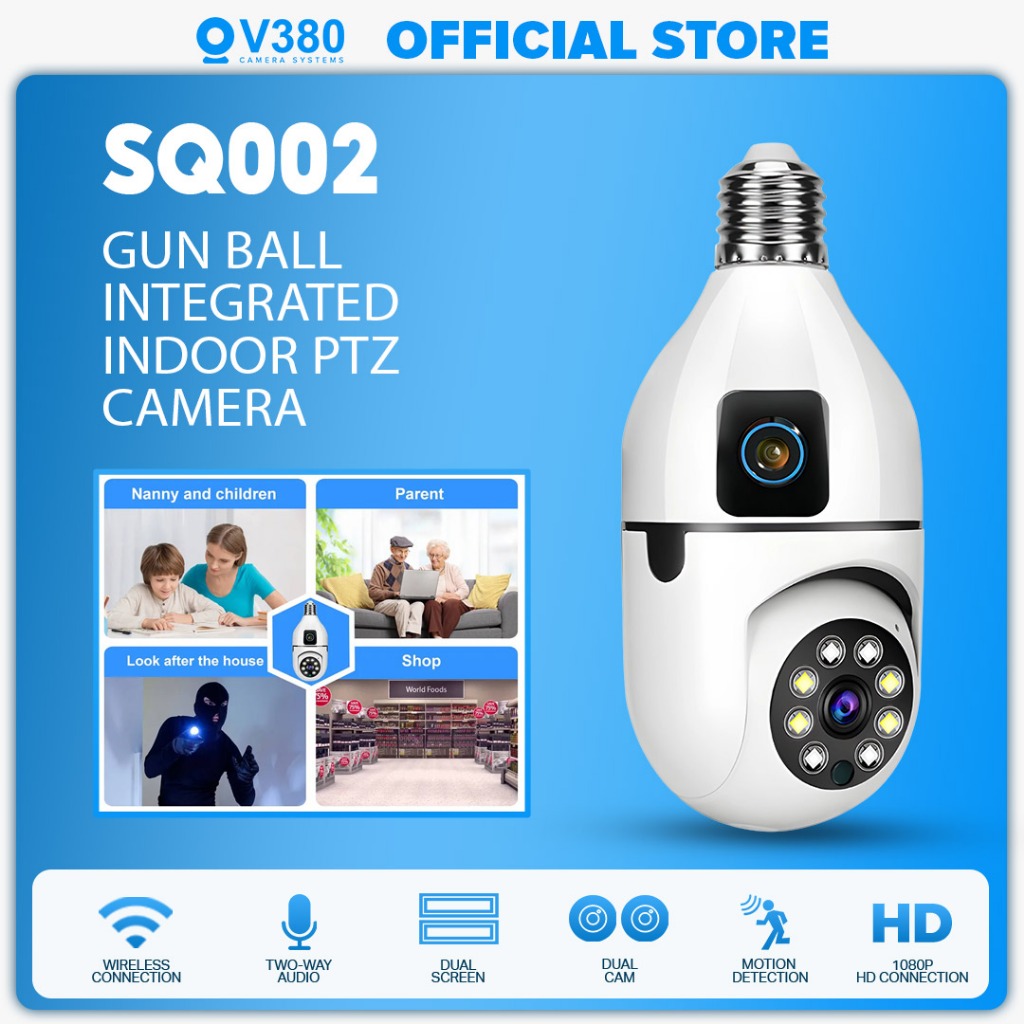 V380 SQ002 1080P Dual Lens Bulb CCTV Camera 360 Rotation Night Vision  Two-Way Audio Up