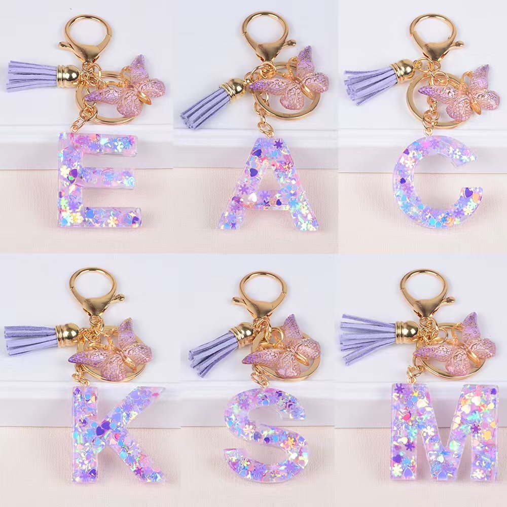 Sweet Heart Sequin Filled A-Z Letter Keychains With Tassel Fashion ...