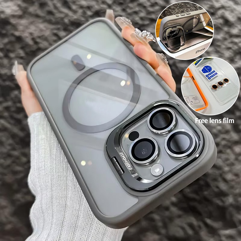 Magnetic with Lens Film Stand Phone Case for Iphone11 12 13 14 15 16 Pro  Max with Camera Protector