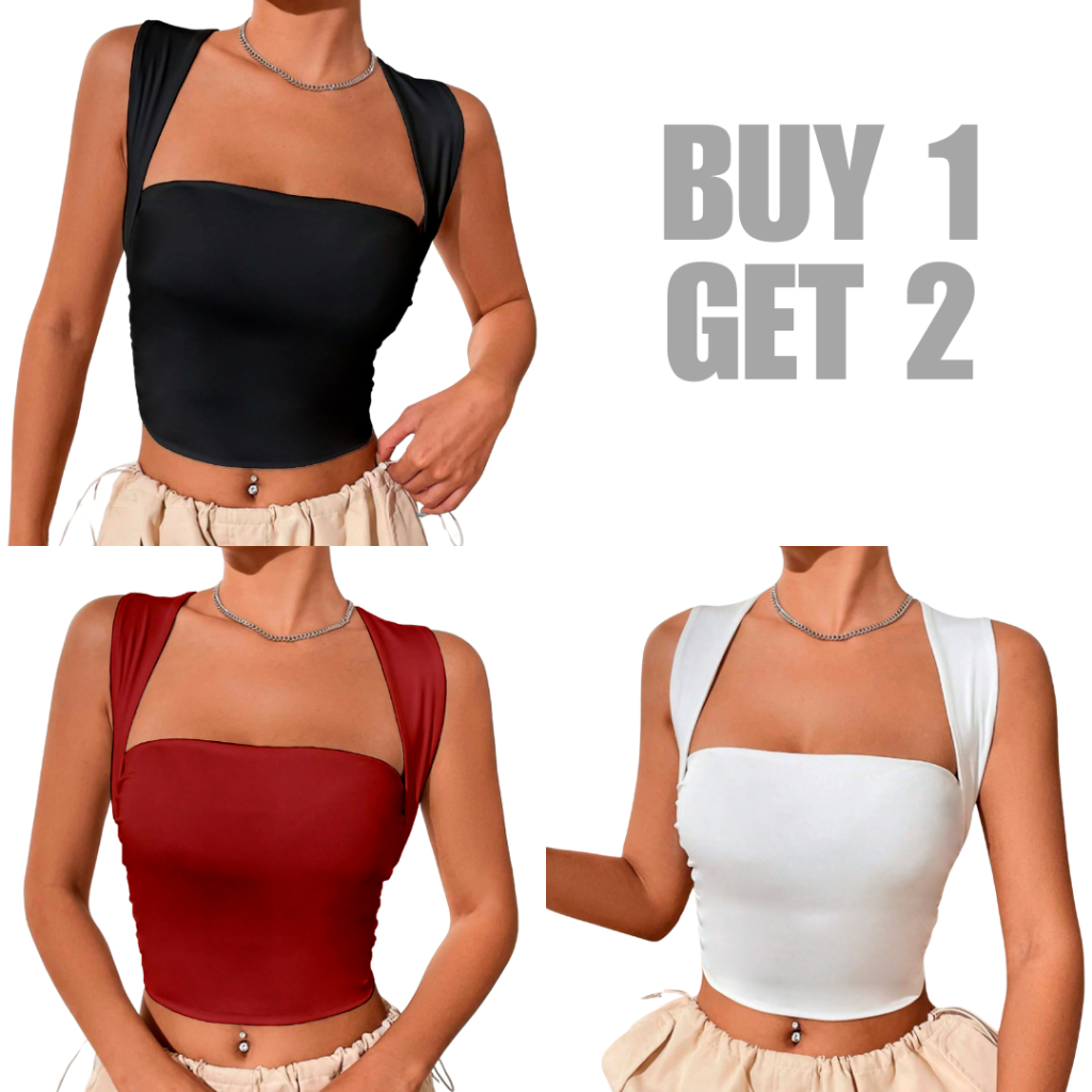 B1T2 Total of 3 Basic Double Lining Square Neck Sleeveless Tops for ...